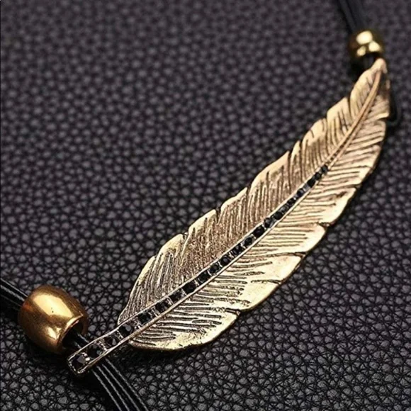 Gold alloy feather rhinestone accent necklace - Picture 3 of 5